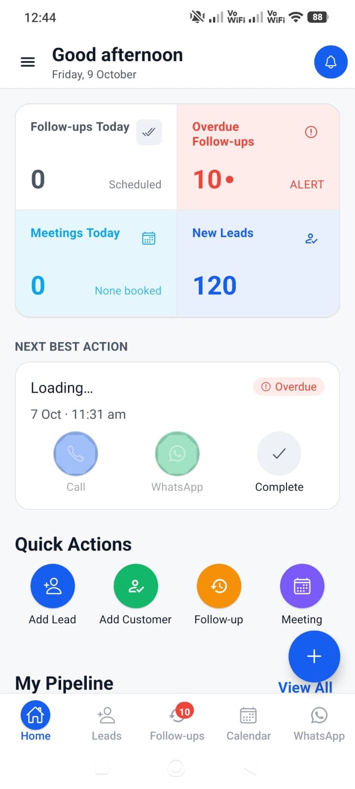 Triostack mobile app home screen with today's follow-ups, overdue alerts, meetings, new leads, and quick actions