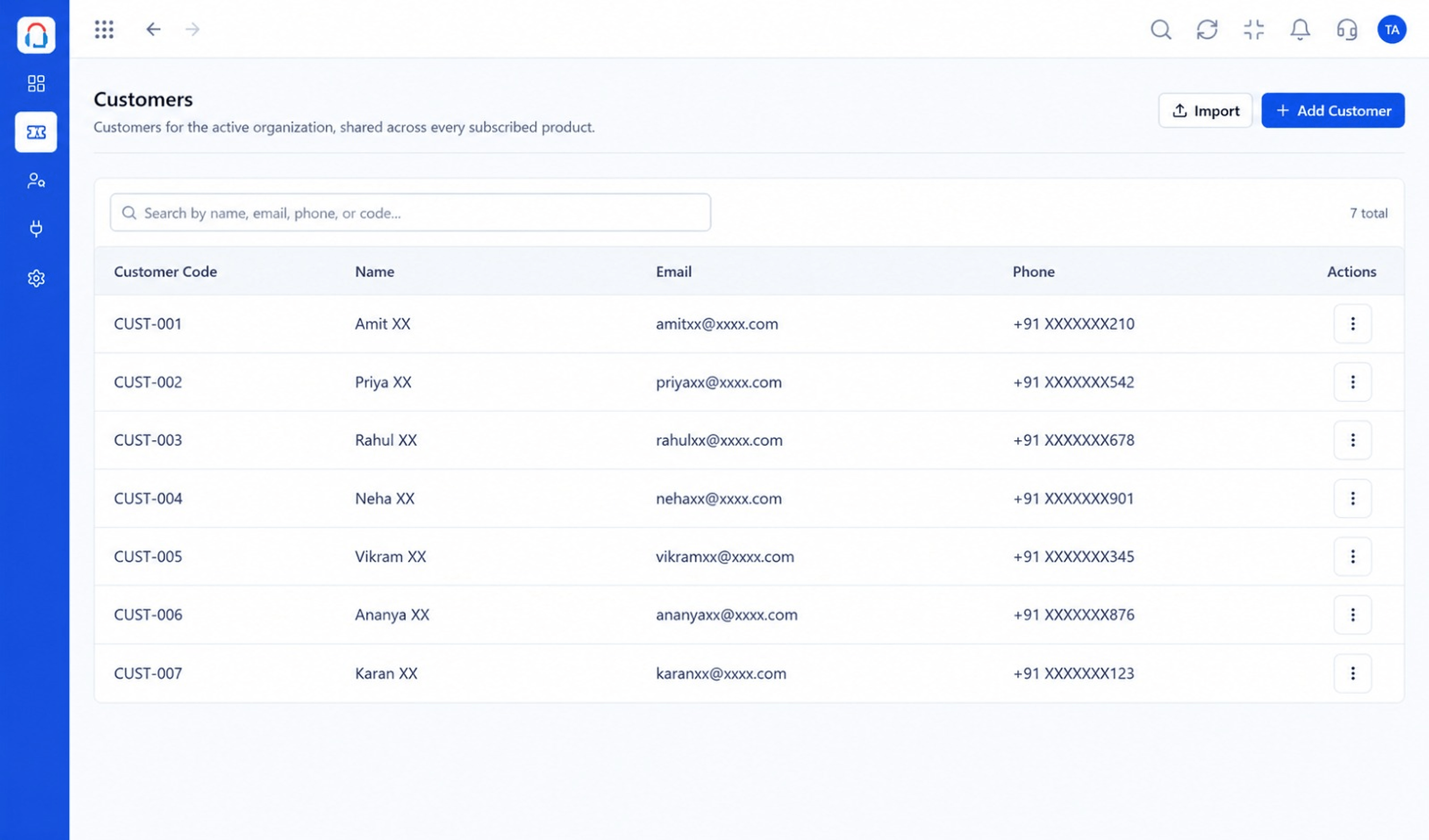 Triostack Desk customers list with customer code, name, email, and phone columns