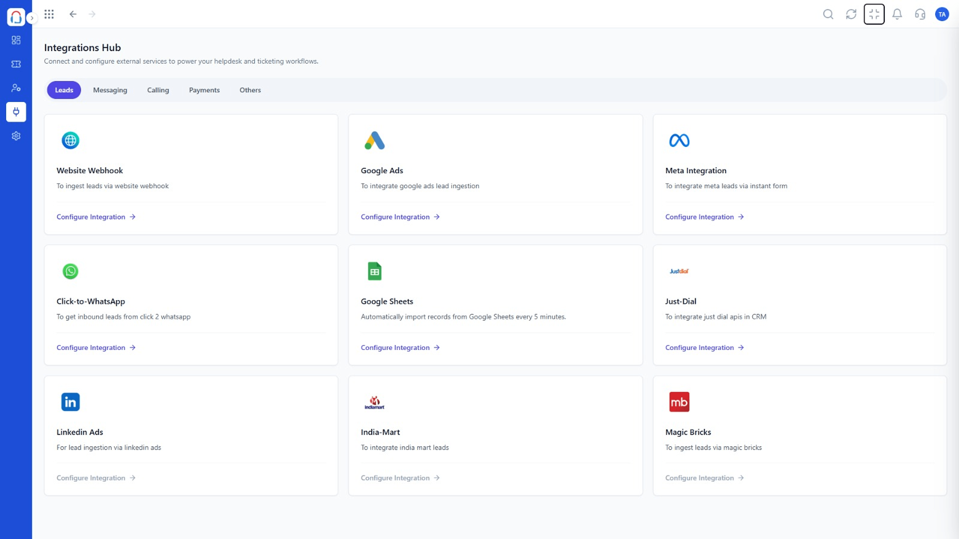 Triostack Desk Integrations Hub with lead source integration cards such as Website Webhook, Google Ads, and Meta