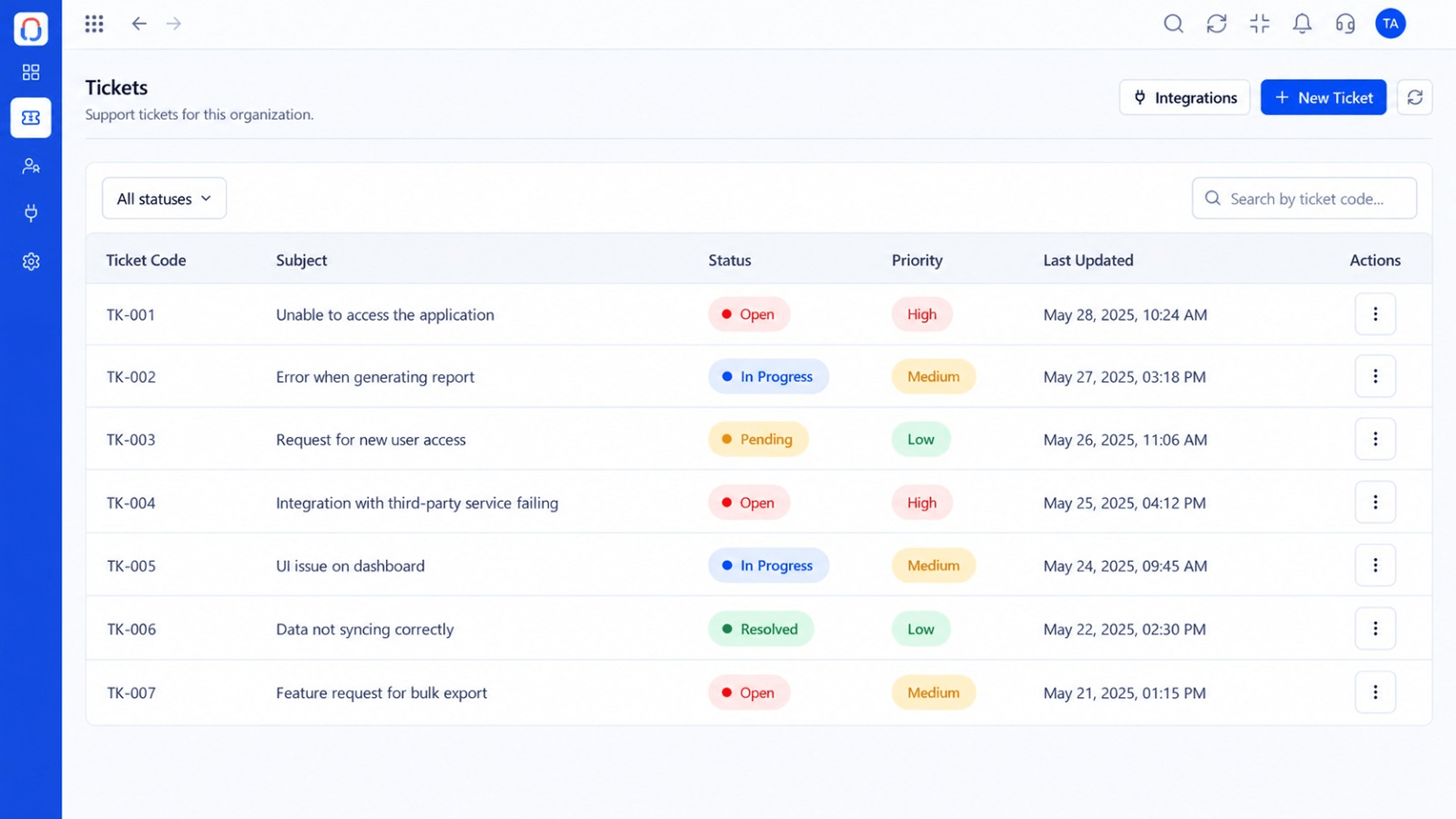 Triostack Desk tickets list with ticket code, subject, status, priority, and last updated columns
