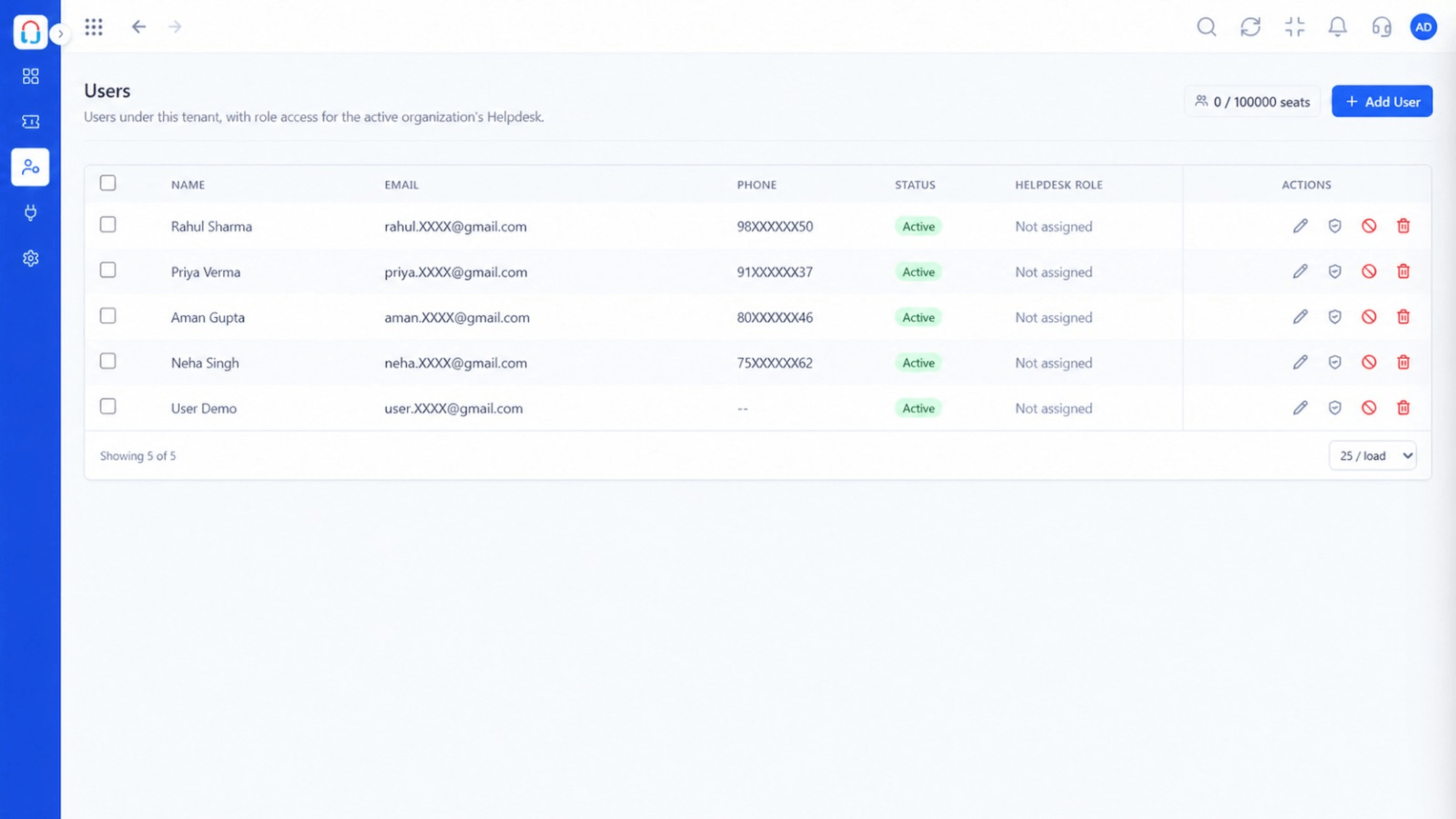 Triostack Desk users list with status and helpdesk role columns and seat usage