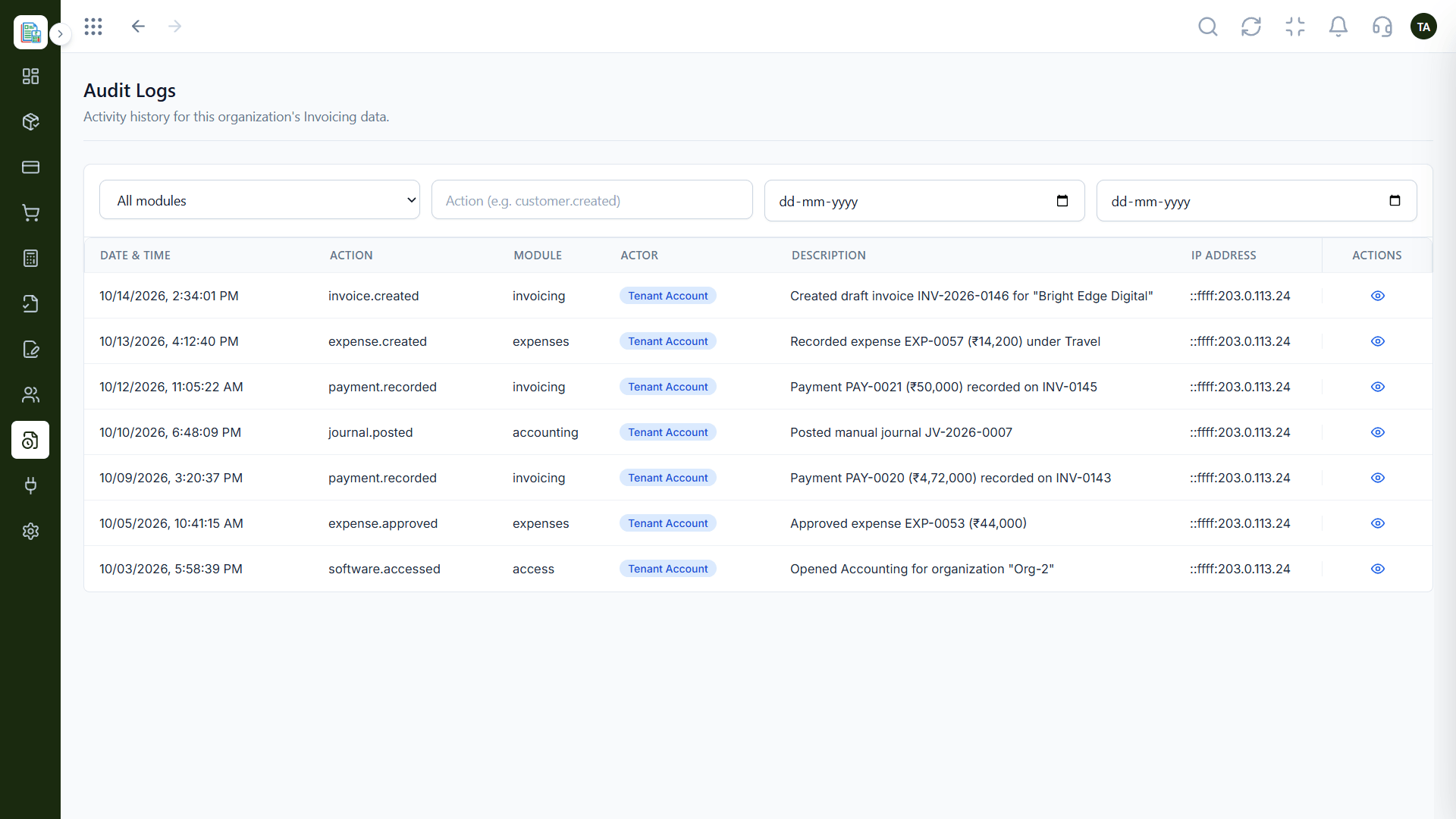 Finance audit logs with date and time, action, module, actor, description, and IP address