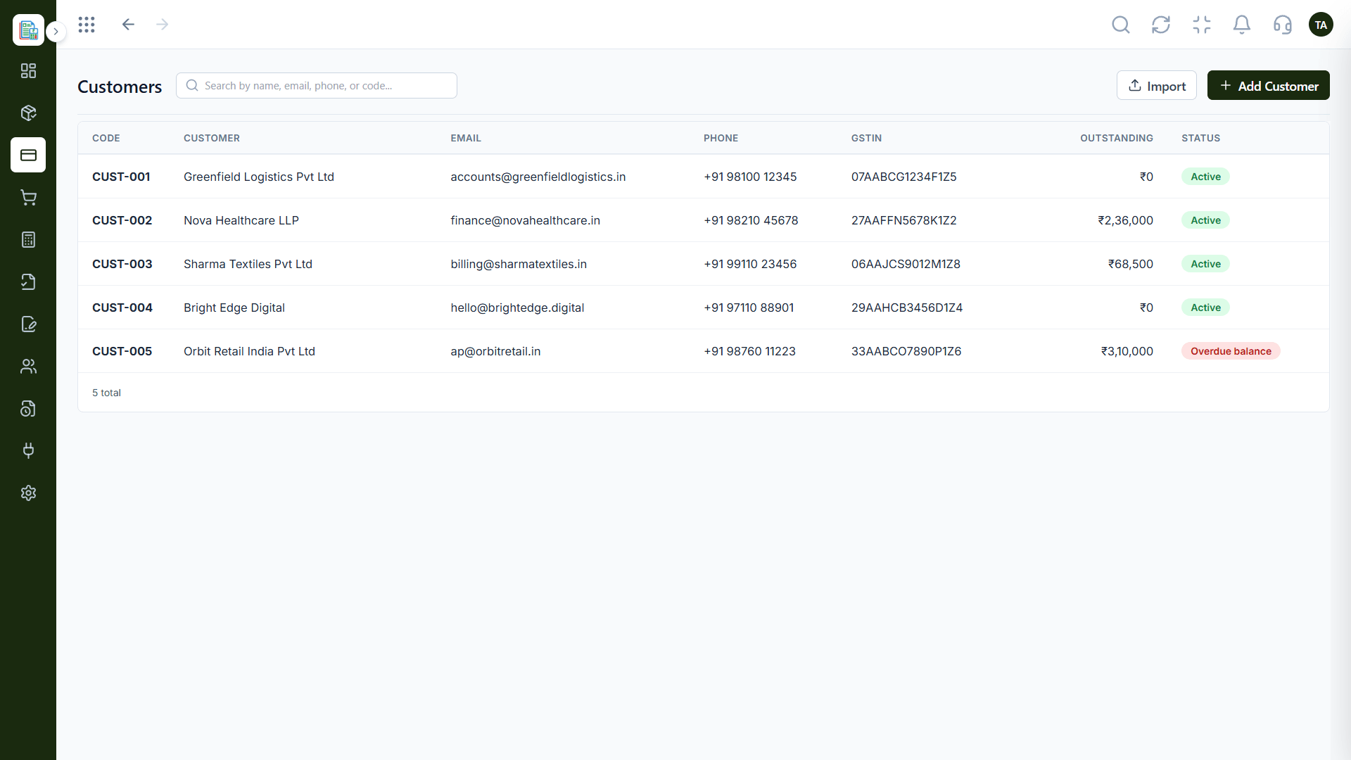 Finance customers directory with search by name, email, phone, or code, an import button, and an add customer button