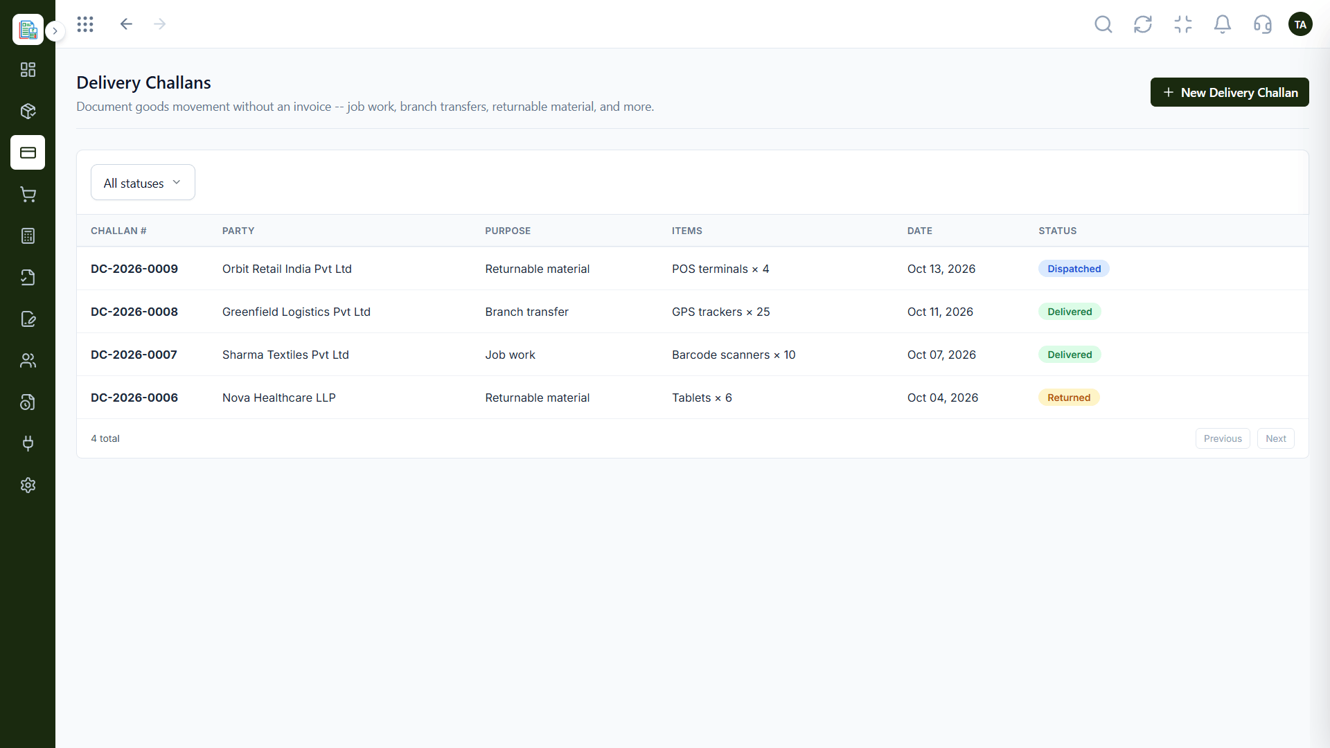 Finance delivery challans list with a status filter and a new delivery challan button
