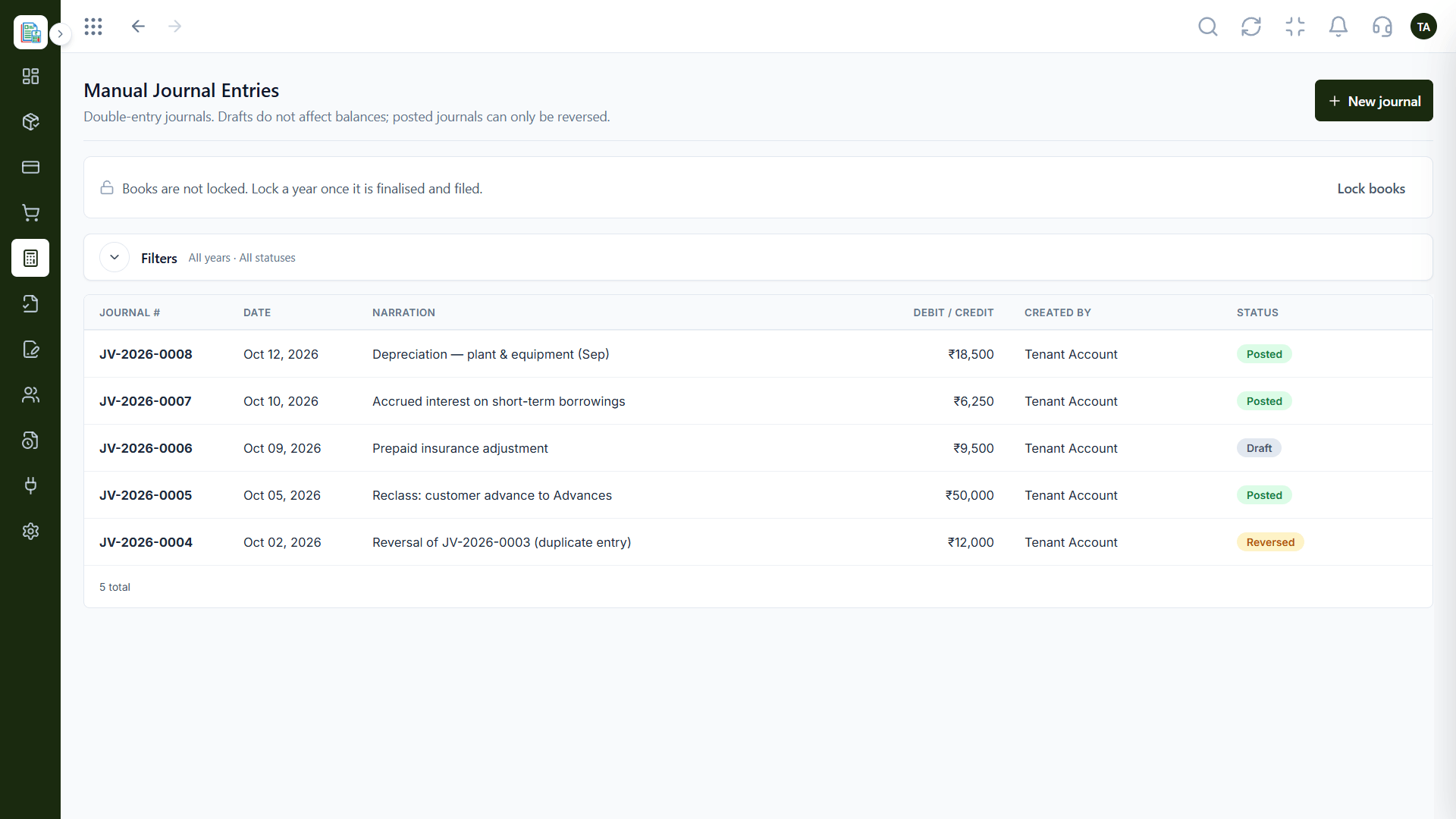 Finance manual journal entries with a lock books notice, filters by year and status, and a new journal button