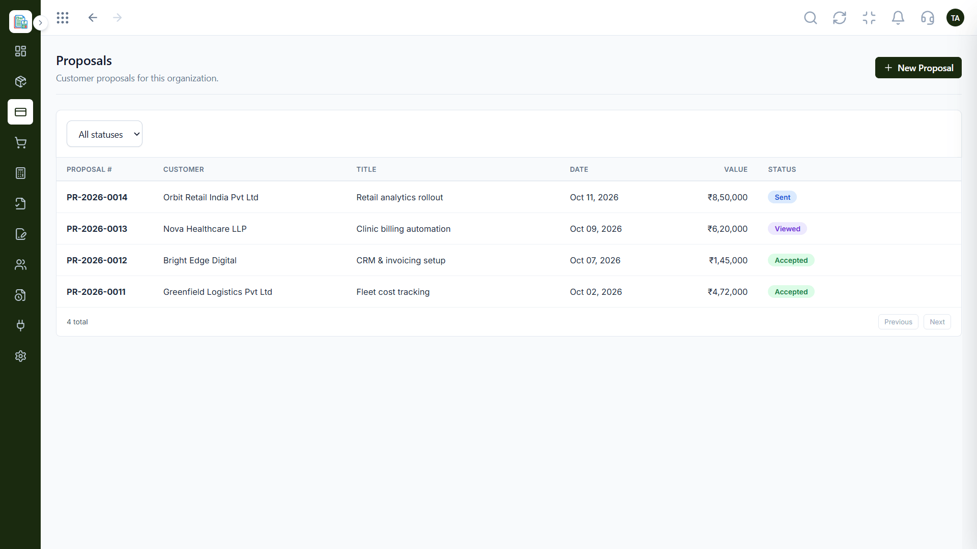 Finance customer proposals list with a status filter and a new proposal button