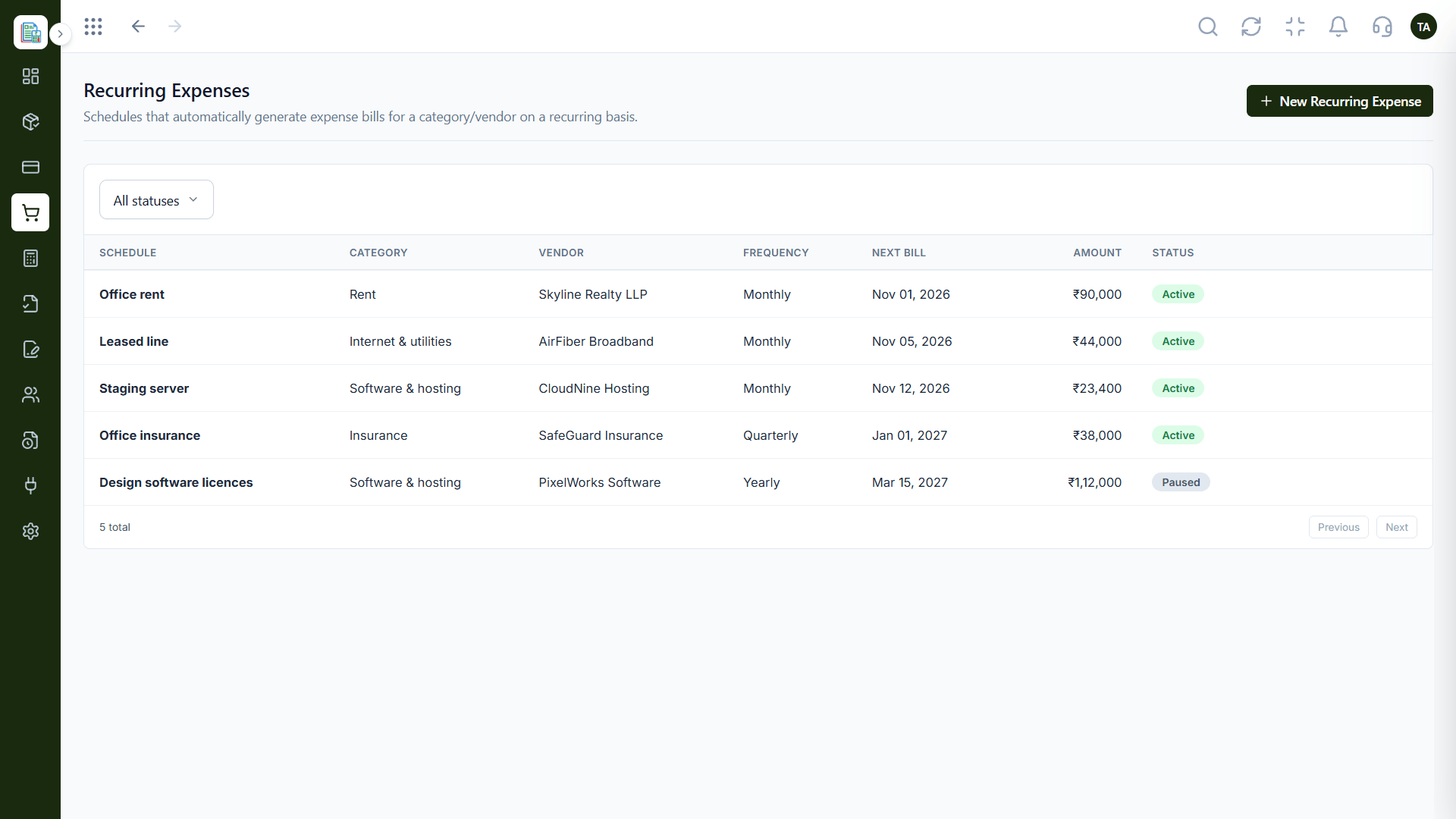 Finance recurring expenses screen with a status filter and a button to create a new recurring expense schedule