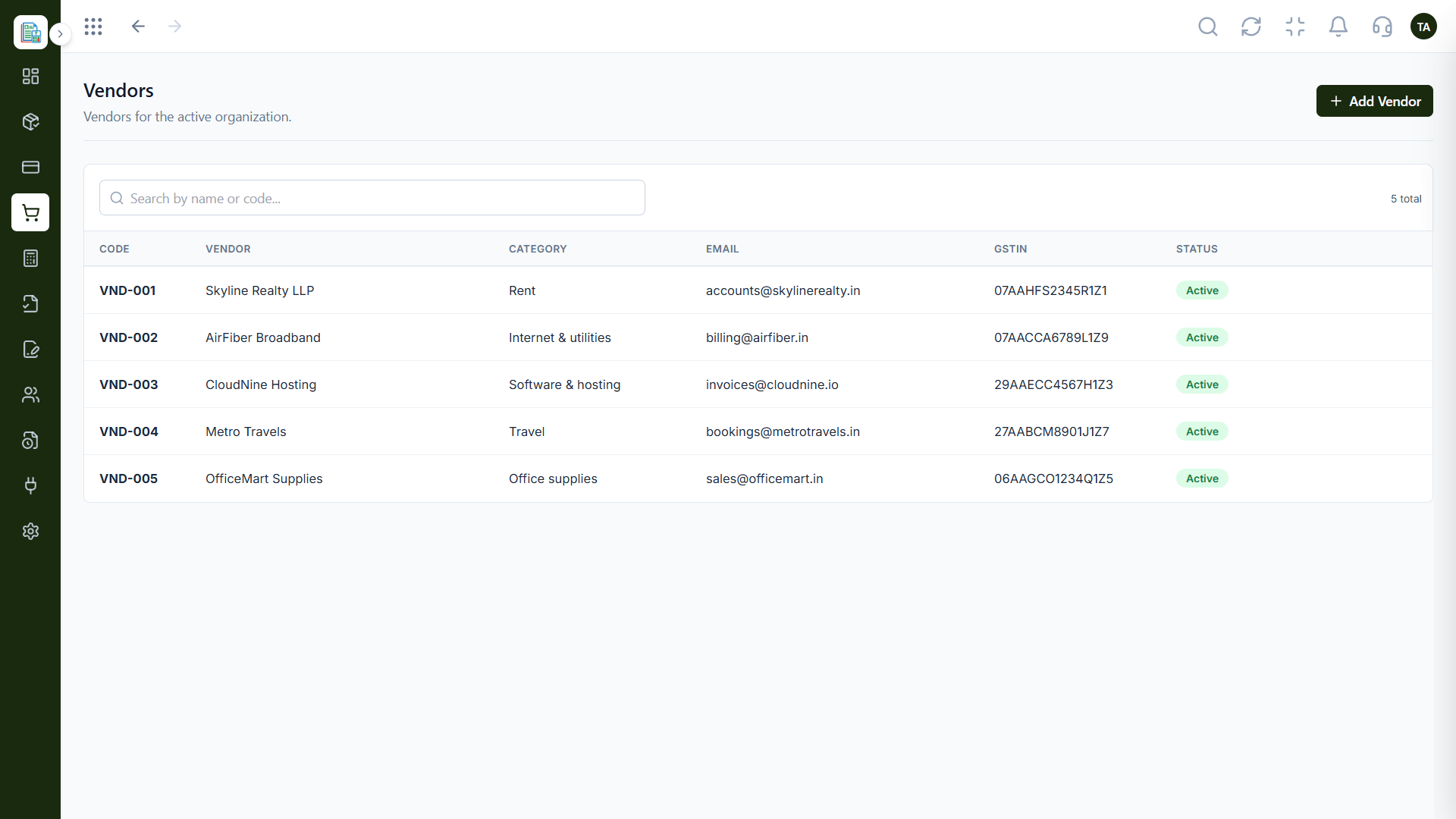 Finance vendors directory with search by name or code and an add vendor button