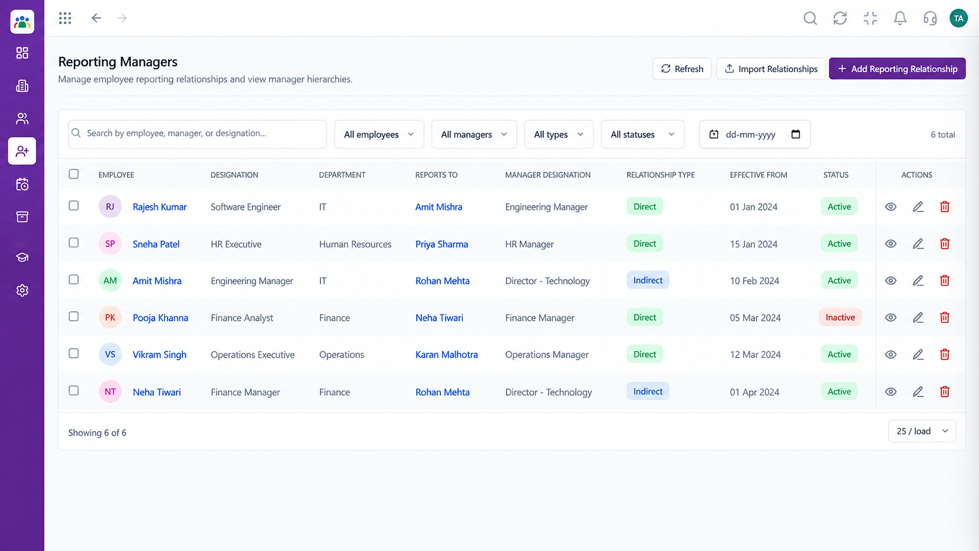 HRMS reporting managers screen showing each employee, their manager, relationship type, and effective date