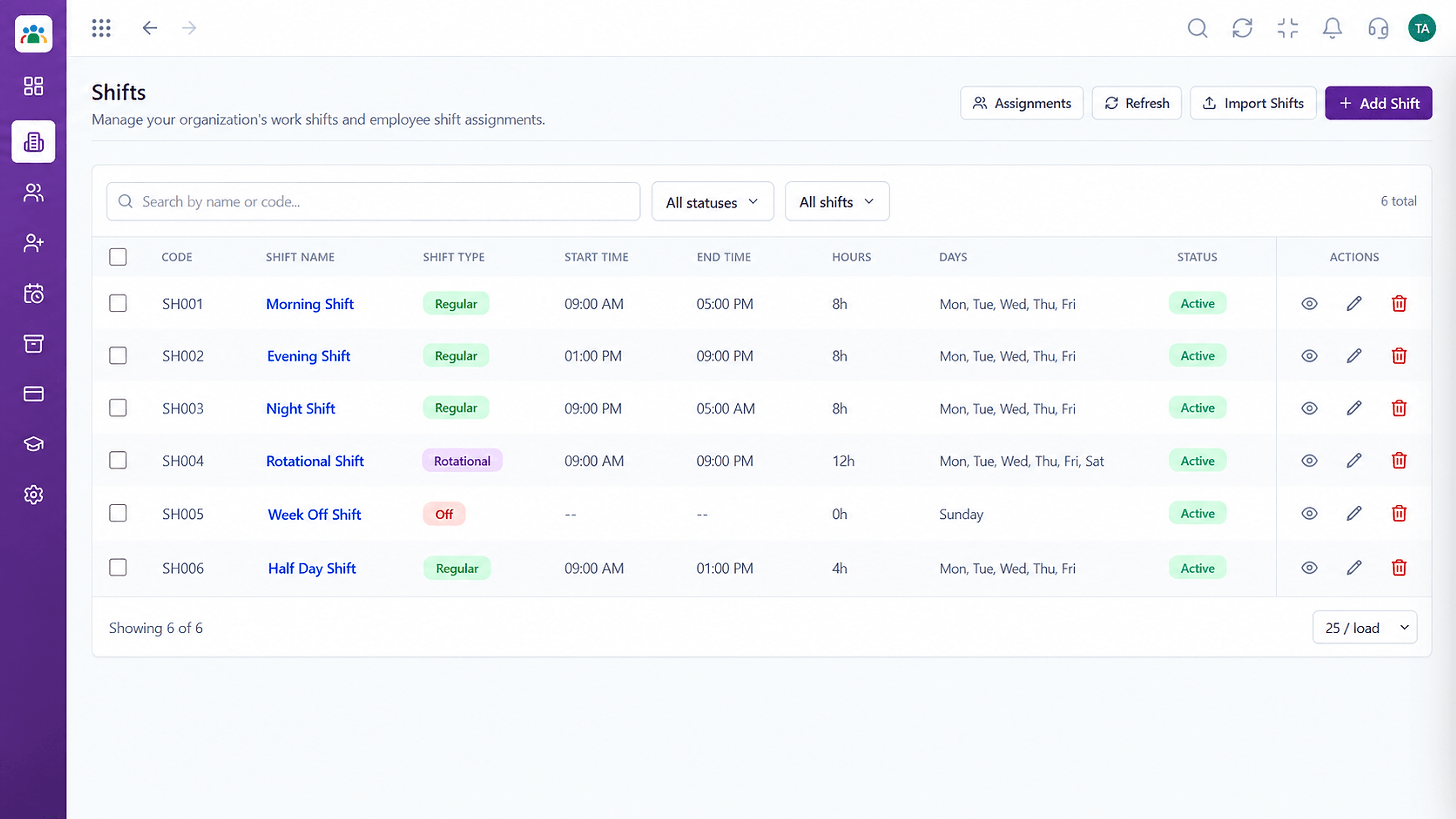 HRMS shifts list with shift type, start and end time, hours, working days, and status