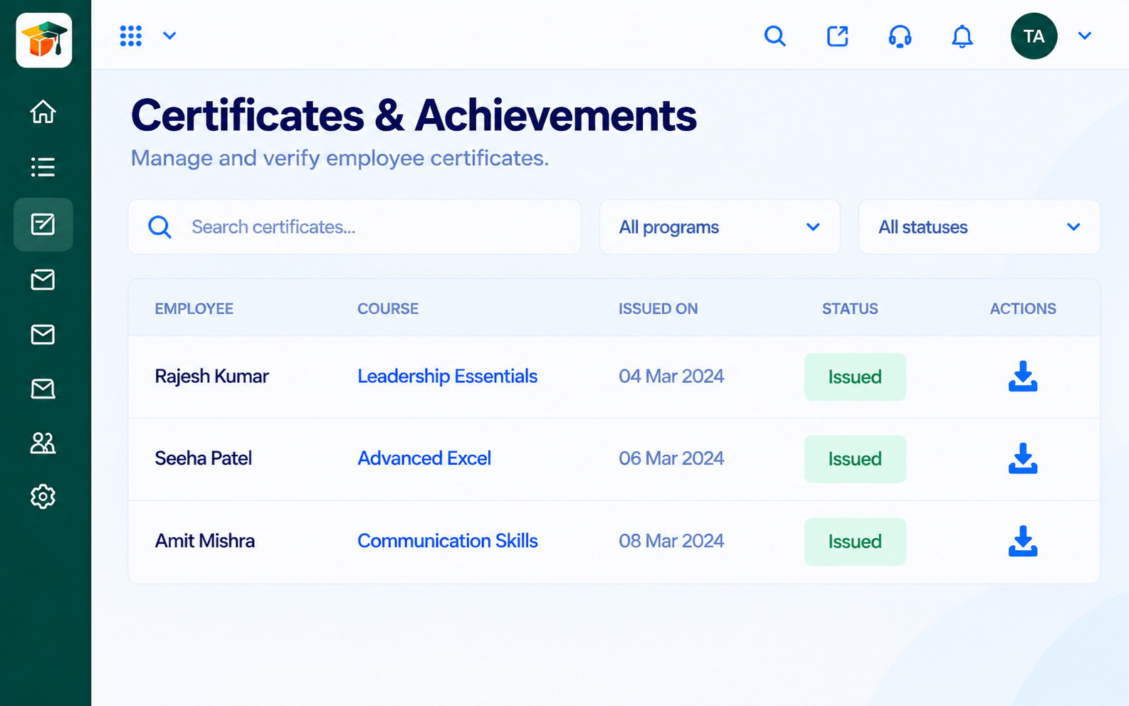 LMS certificates list with employee, course, issued date, status, and download action