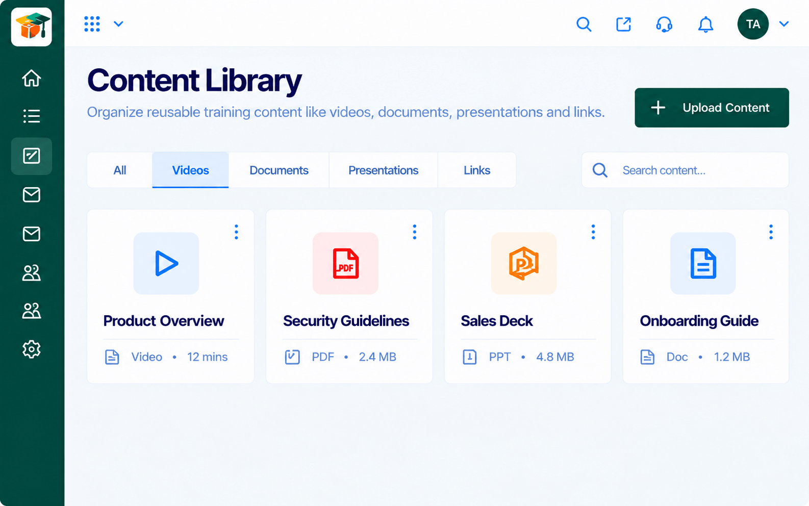 LMS content library with videos, PDFs, presentations, and documents filtered by type with file size and duration