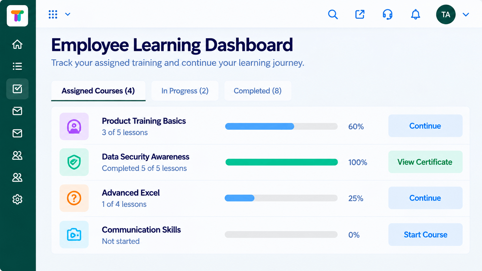 LMS employee learning dashboard with assigned courses, progress bars, and continue, start, or view certificate actions