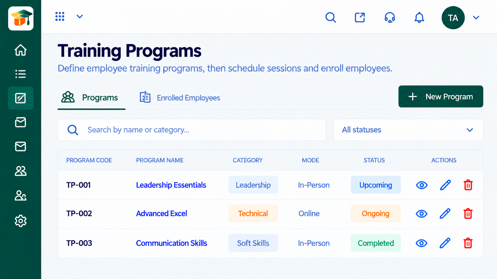 LMS training programs list with program code, name, category, mode, and upcoming, ongoing, or completed status