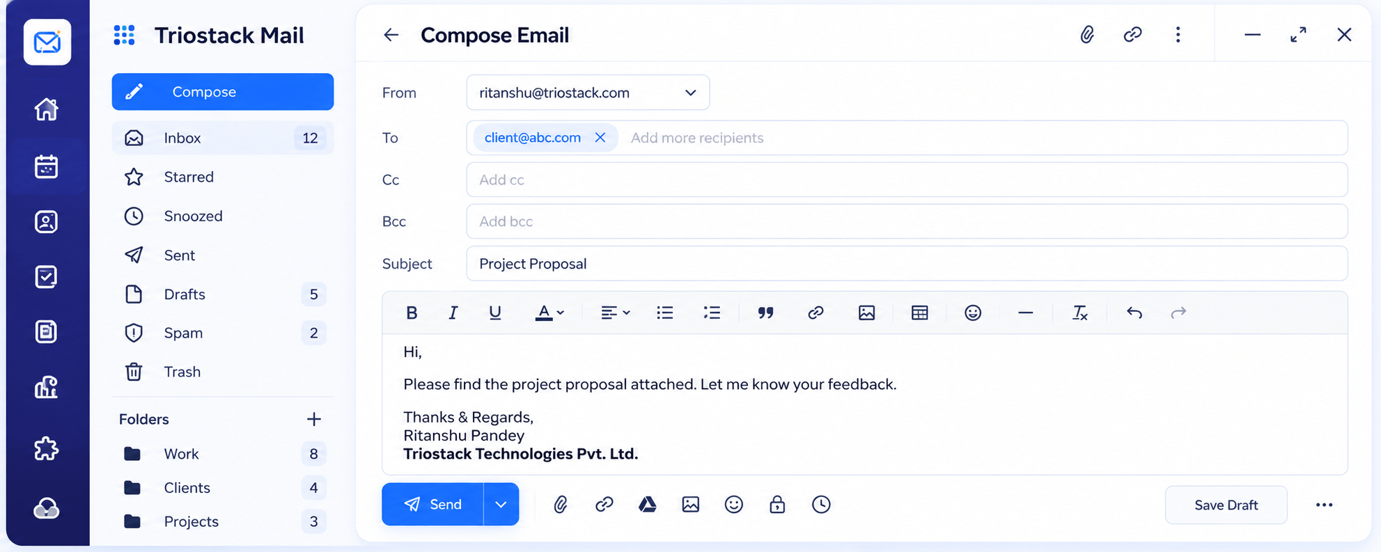 Triostack Mail compose screen with from, to, cc, bcc, subject, a rich-text toolbar, attachments, send, and save draft