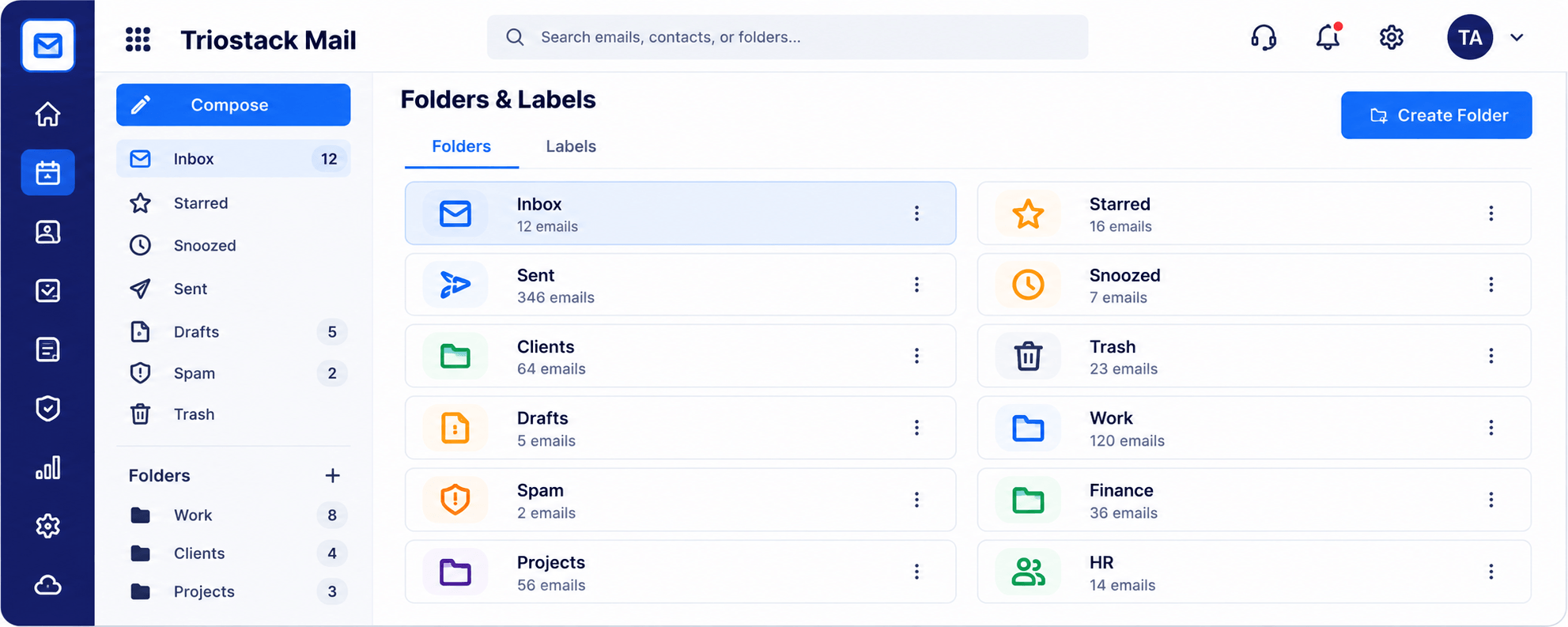 Triostack Mail folders and labels listing inbox, starred, sent, snoozed, clients, trash, drafts, work, spam, finance, projects, and HR with email counts