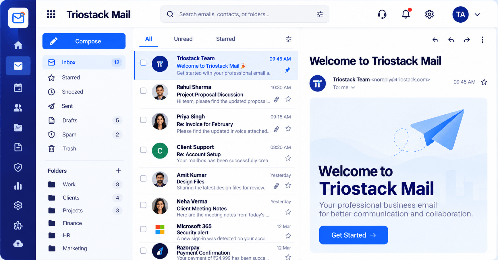 Triostack Mail inbox with compose button, folders with unread counts, message list, and a reading pane
