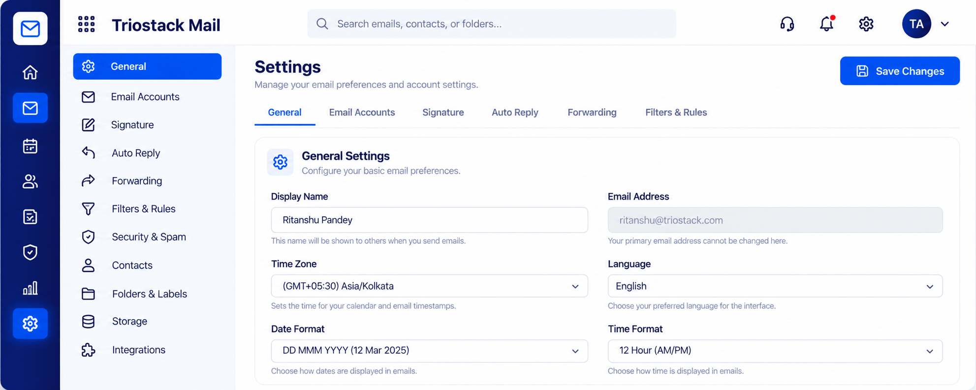 Triostack Mail settings with general, email accounts, signature, auto reply, forwarding, and filters and rules tabs