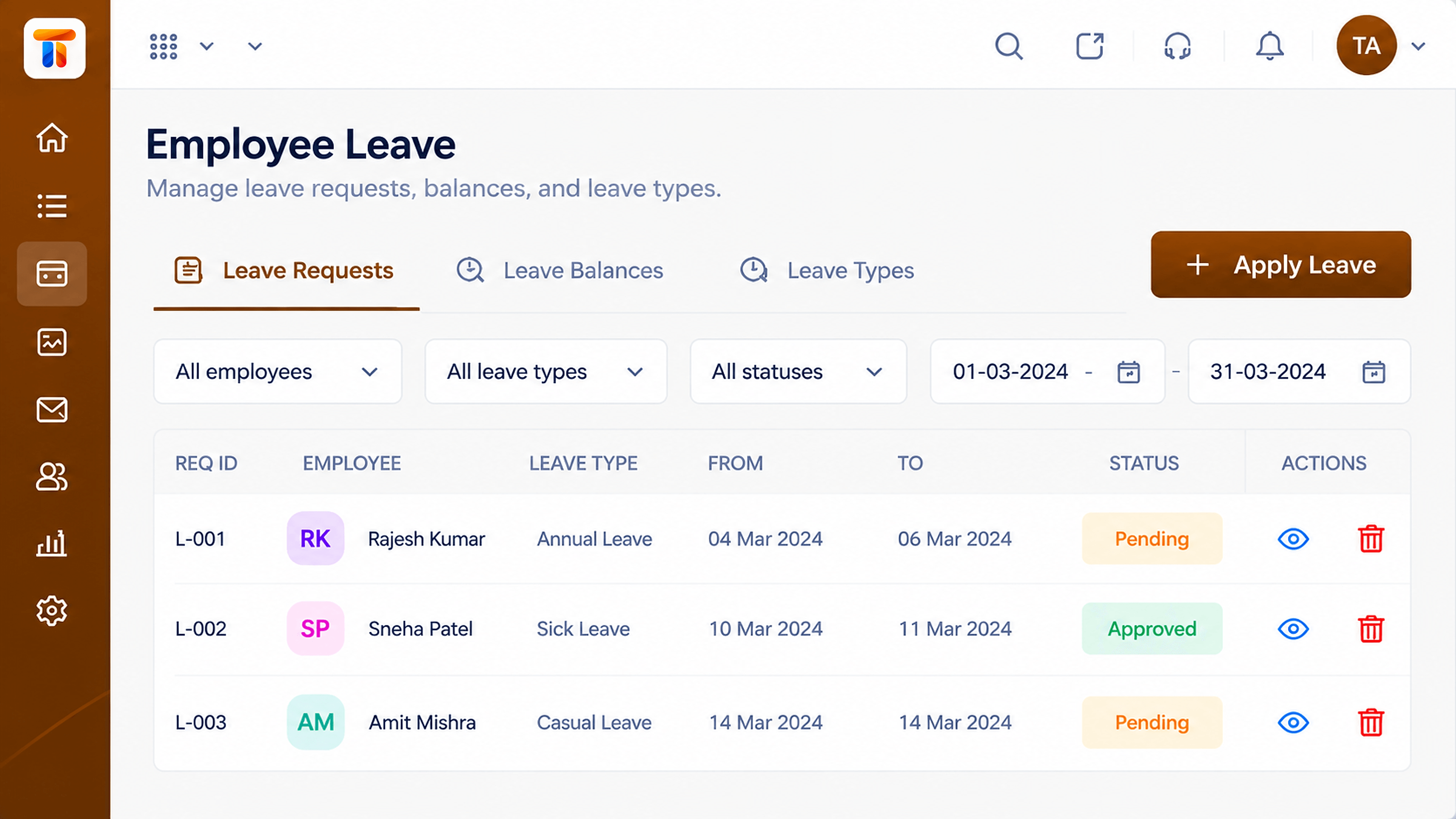 Employee leave requests with leave type, dates, and approval status