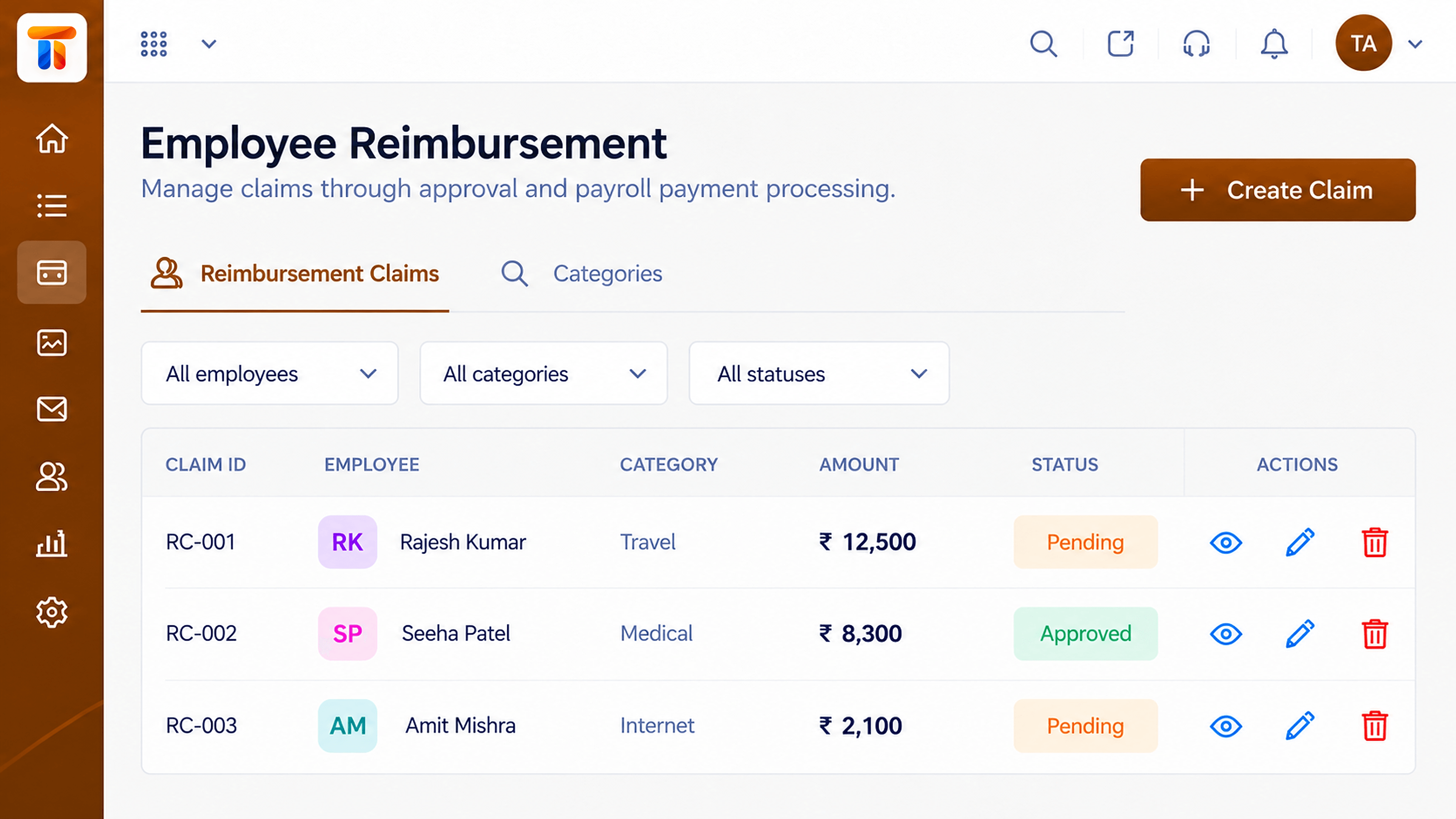 Employee reimbursement claims with category, amount, and approval status