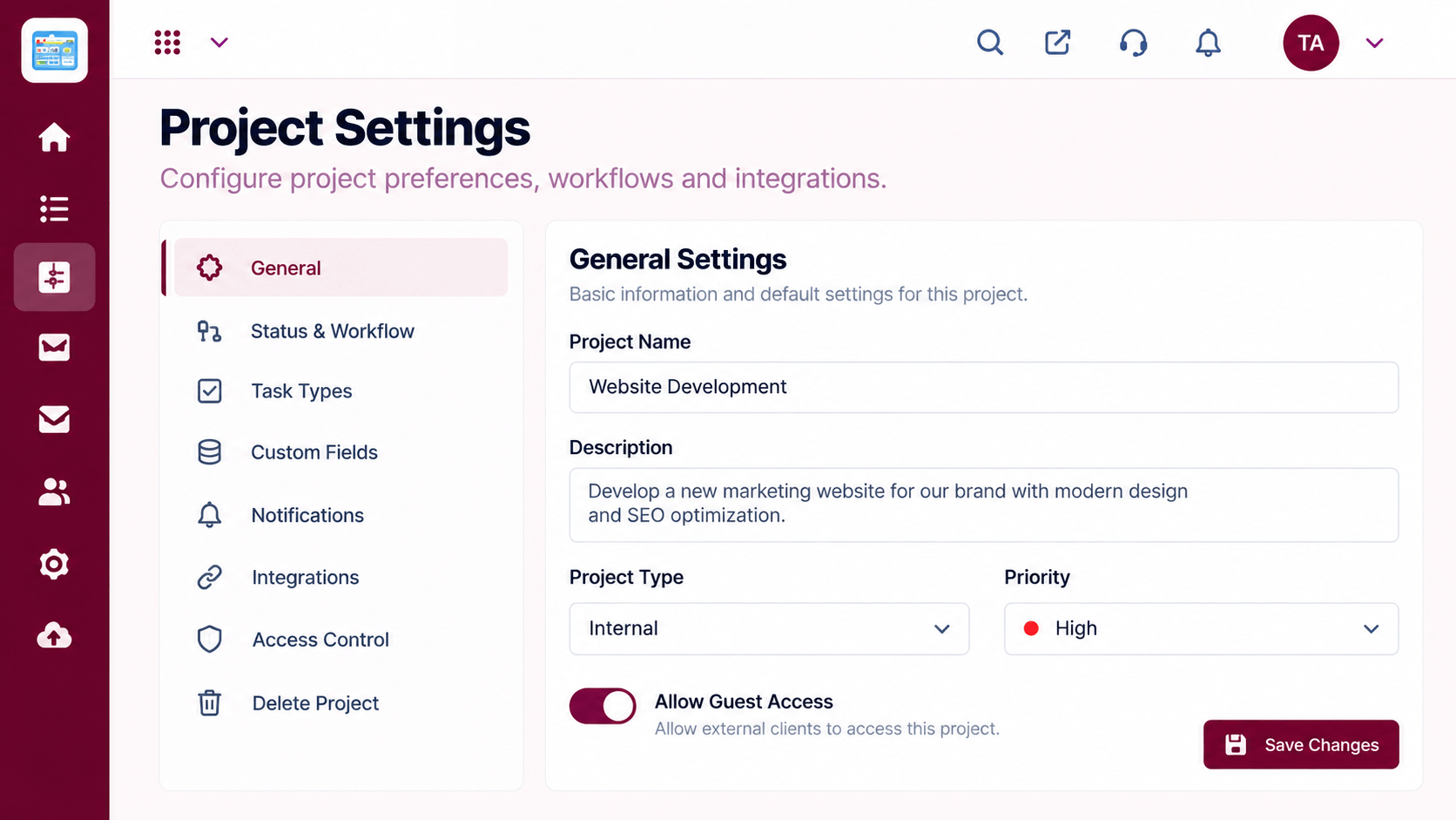 Projects settings with general, status and workflow, task types, custom fields, notifications, integrations, and access control options