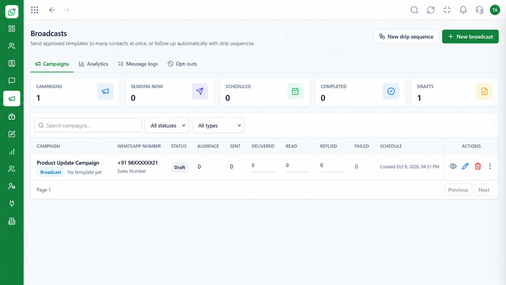 Wabiz broadcast campaigns dashboard