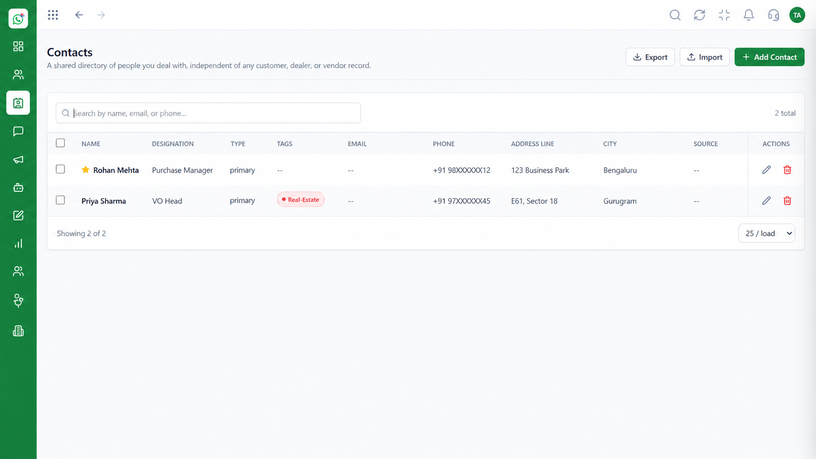 Wabiz contacts and messaging overview
