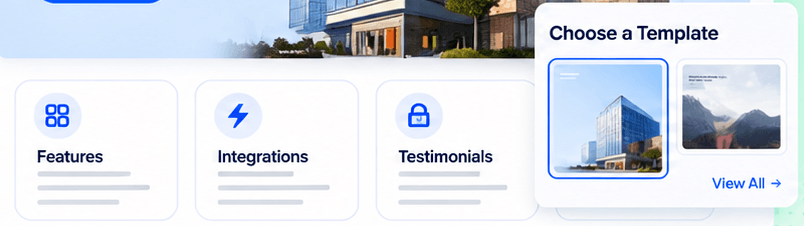 Triostack Website choose a template gallery beside page sections for features, integrations, and testimonials
