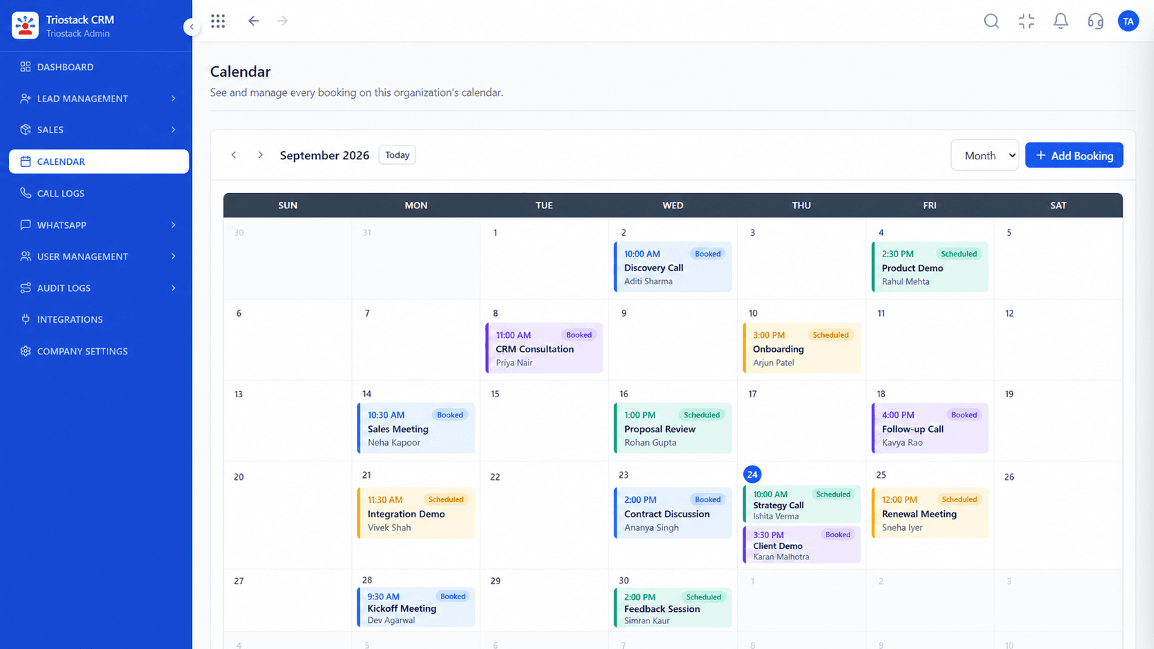 Triostack CRM Calendar showing a monthly view of scheduled and booked meetings