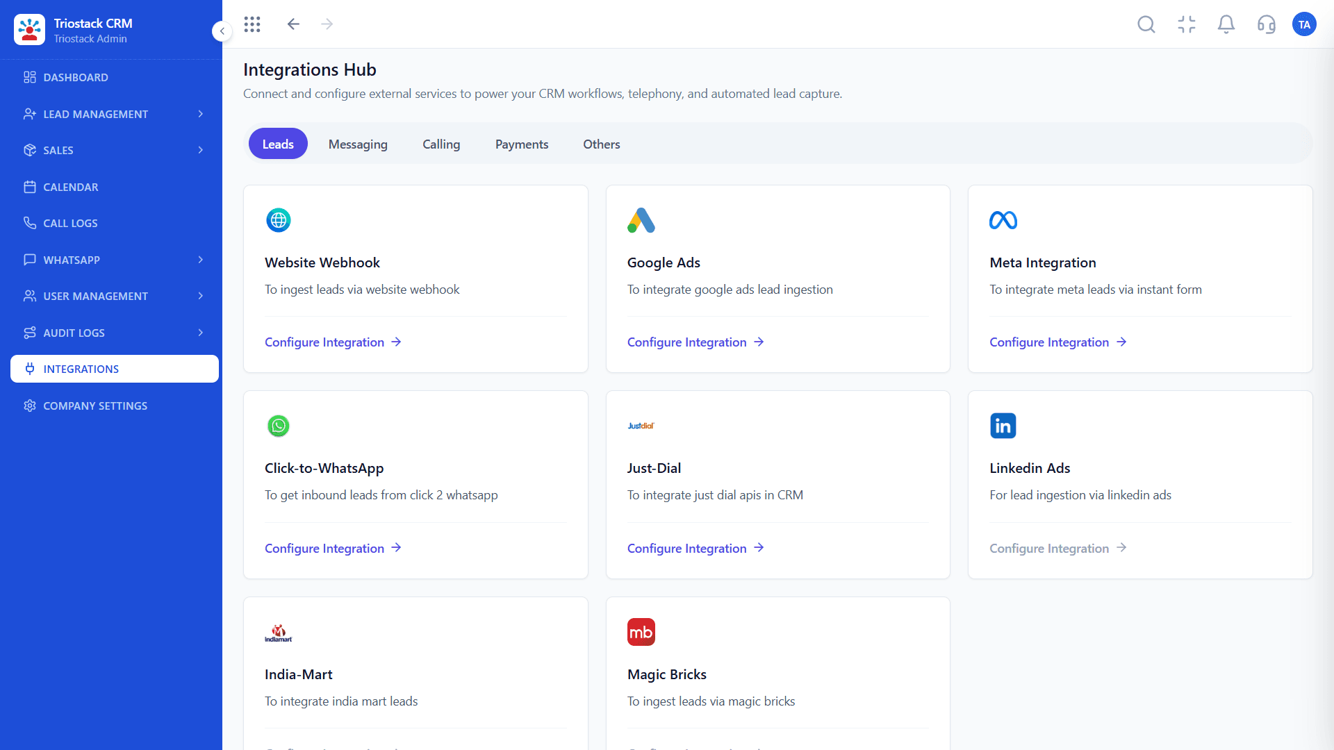 Triostack CRM Integrations Hub, Leads tab