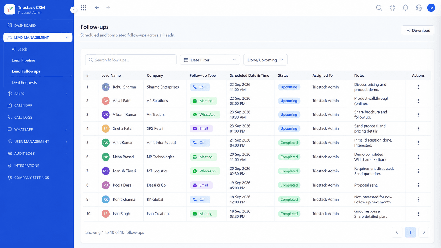 Triostack CRM screen for the follow up stage