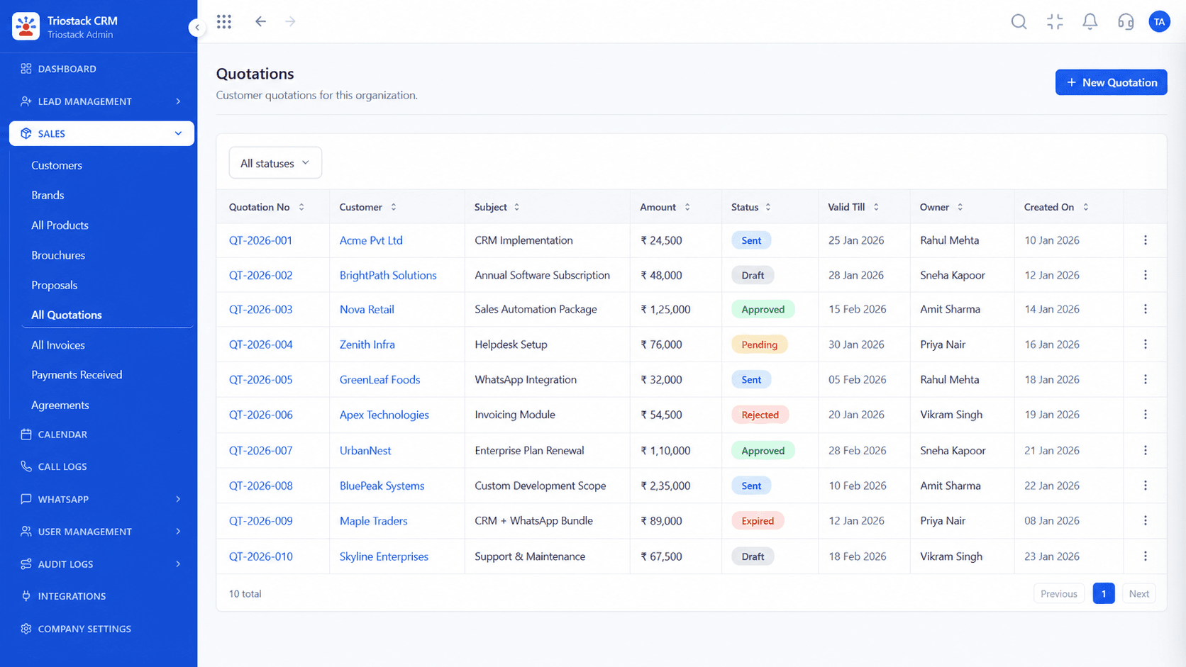 Triostack CRM Quotations list with quotation number, customer, amount, and status columns