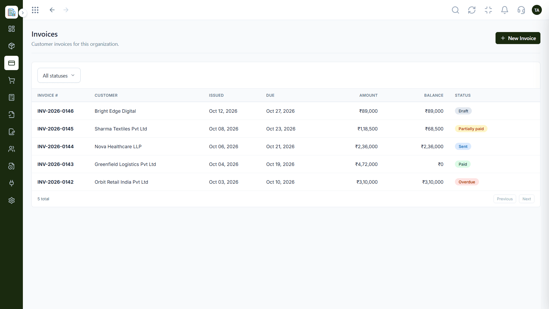 Triostack Finance screen for the bill stage