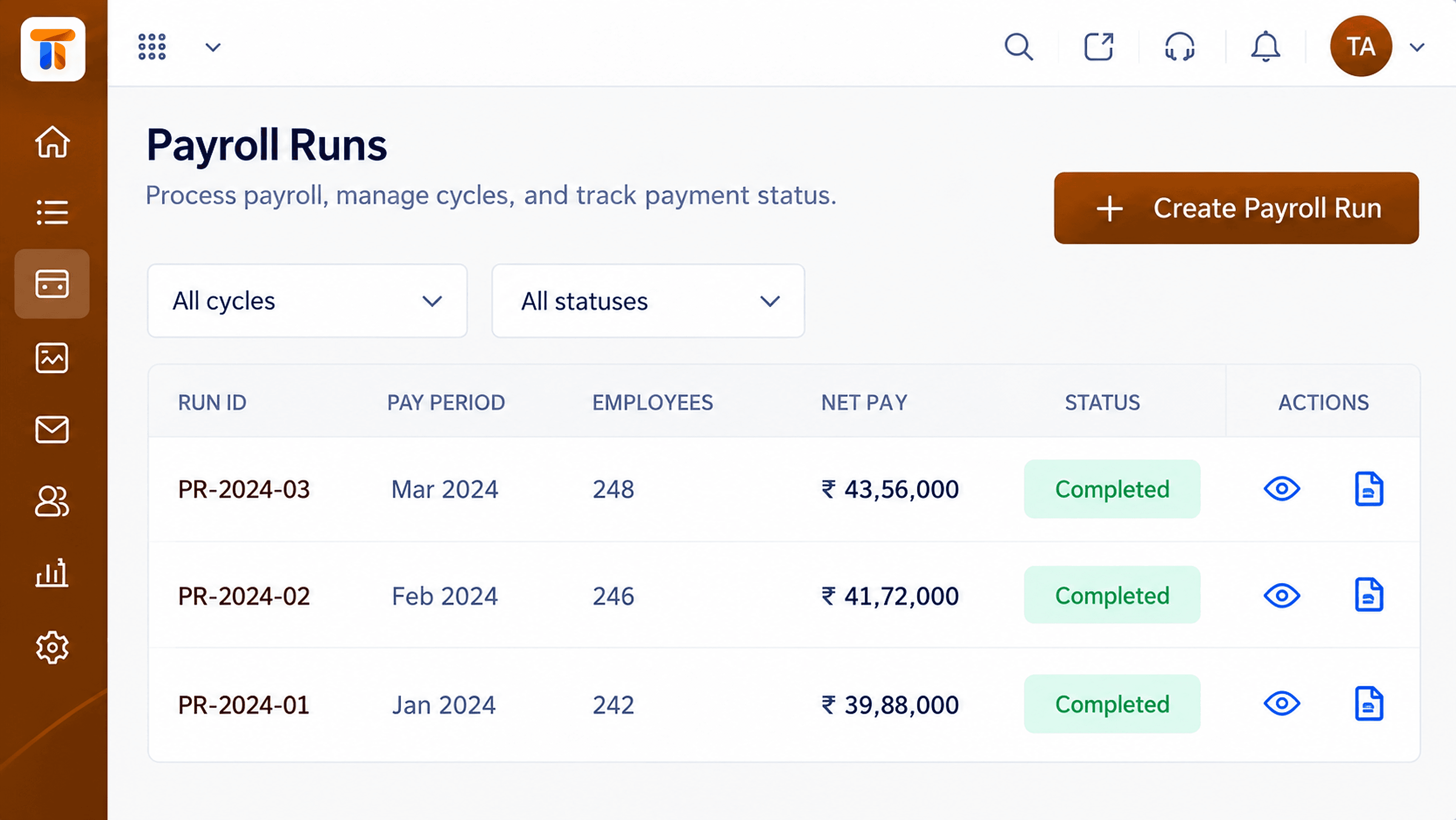 Triostack Payroll screen for the pay stage