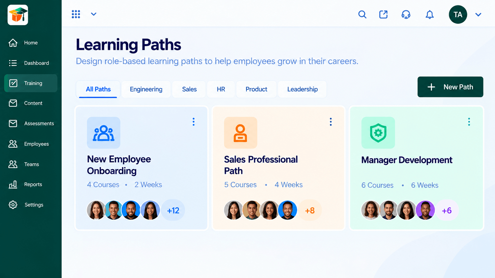 Triostack LMS learning paths for new employee onboarding, sales, and manager development with enrolled learners