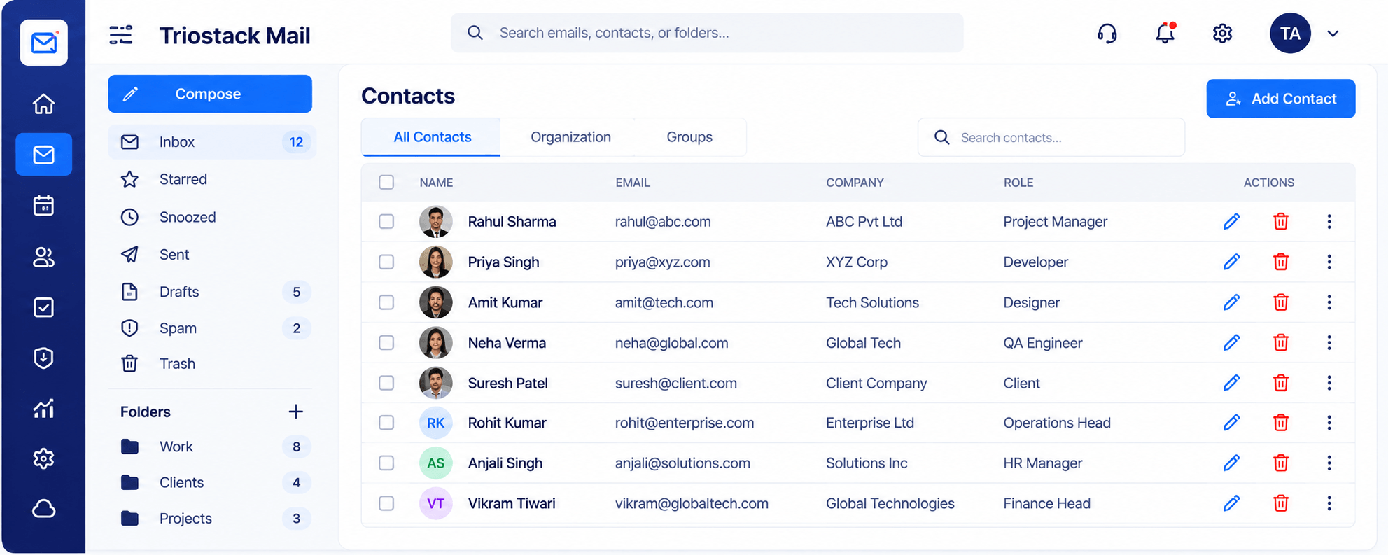 Triostack Mail contacts with name, email, company, role, and edit and delete actions, beside the mail folders