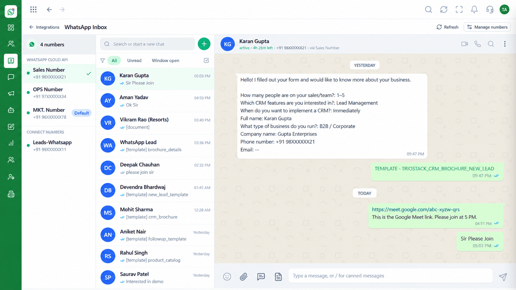 Triostack Wabiz shared WhatsApp inbox with team conversations and customer details